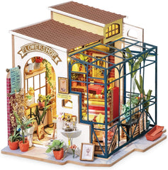 Rolife DIY Miniature Flower Shop furniture set close-up for detailed crafting.