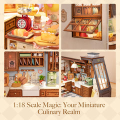 Rolife mini kitchen scene with milk and flour aroma vibe, a warm morning feel.