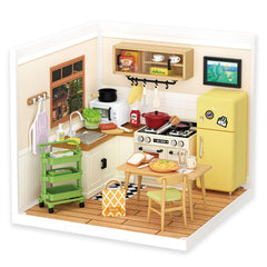 Rolife DIY miniature kitchen house with LED lighting for vivid displays.