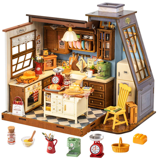 Rolife dollhouse baking kitchen with pitched roof provides sunlit display potential.