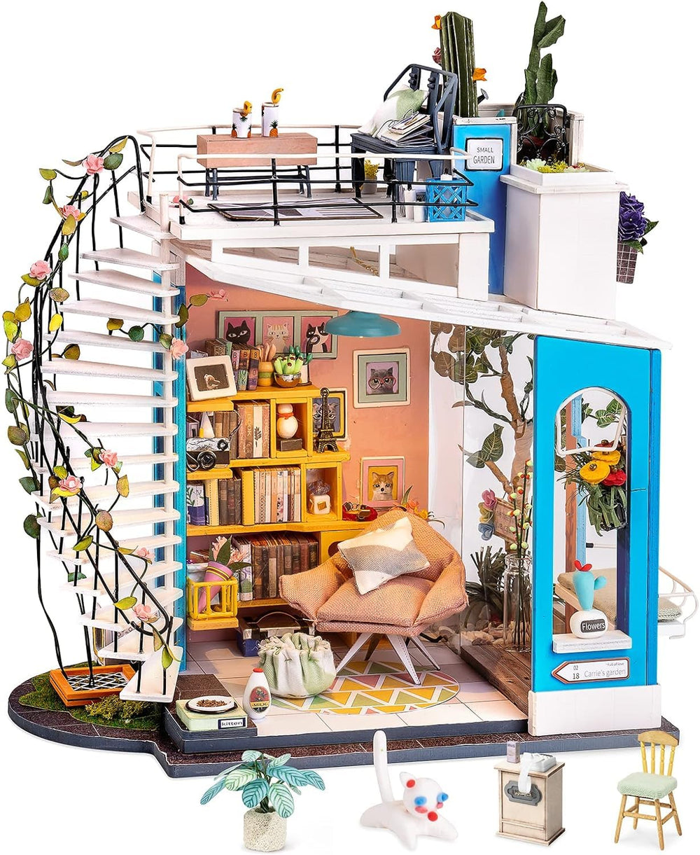 Rolife Dora's Rooftop dollhouse exterior view, ideal for compact display