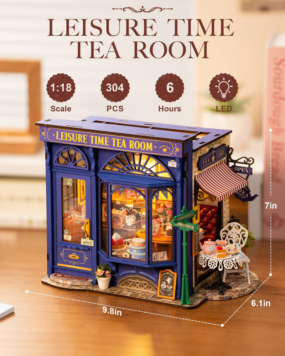 Rolife Edwardian Tea Room final dimension 9.5x6.2x7.1 inches fits compact shelves
