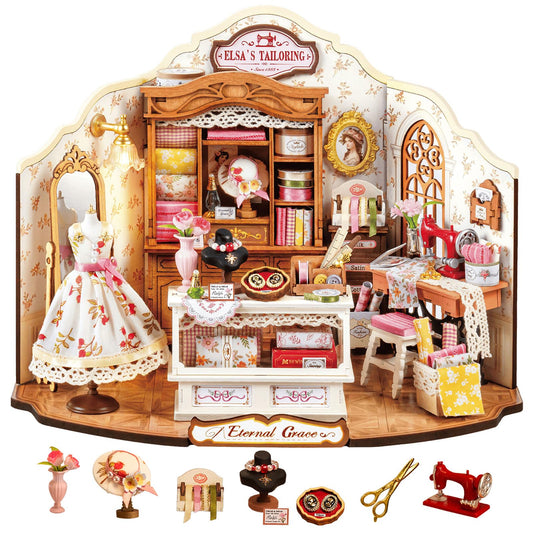 Rolife Elsa's Tailoring diorama workshop close-up for collectible display and imaginative storytelling.