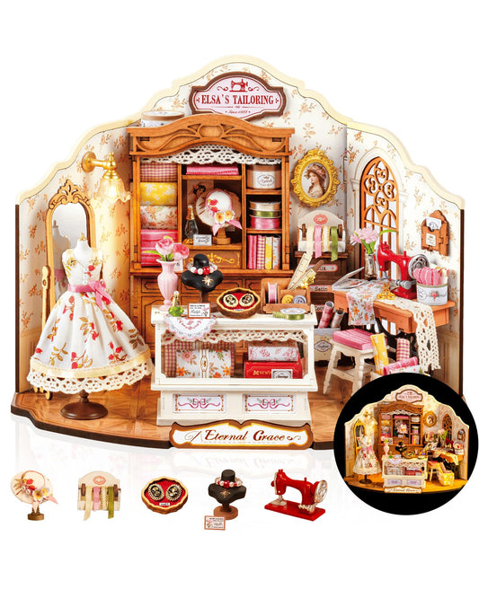 Rolife Elsa's Tailor Shop front view miniature workspace ready for assembly.