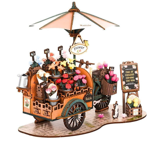 Rolife Flower Cart assembly view, a thoughtful decor piece that sparks mindful building