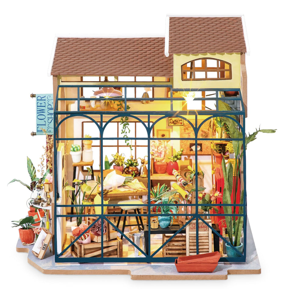 Rolife Flower Shop kit interior detail with shelves and furniture for home décor.