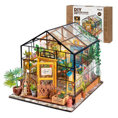 Rolife Green House dollhouse kit with LED lighting for a cozy display.
