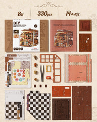 Rolife Henrys Chocolate Shop book nook setup enhances shelf decor.