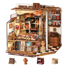 Rolife Henrys Chocolate Shop front view, cozy desk decor for crafting enthusiasts.