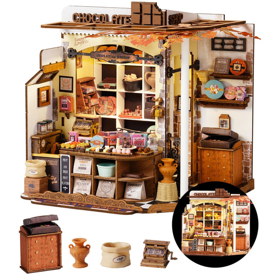 Rolife Henrys Chocolate Shop front miniature for cozy bookshelf display.