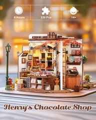 Rolife Henrys Chocolate Shop interior diorama with tiny shelves, eye-catching display.
