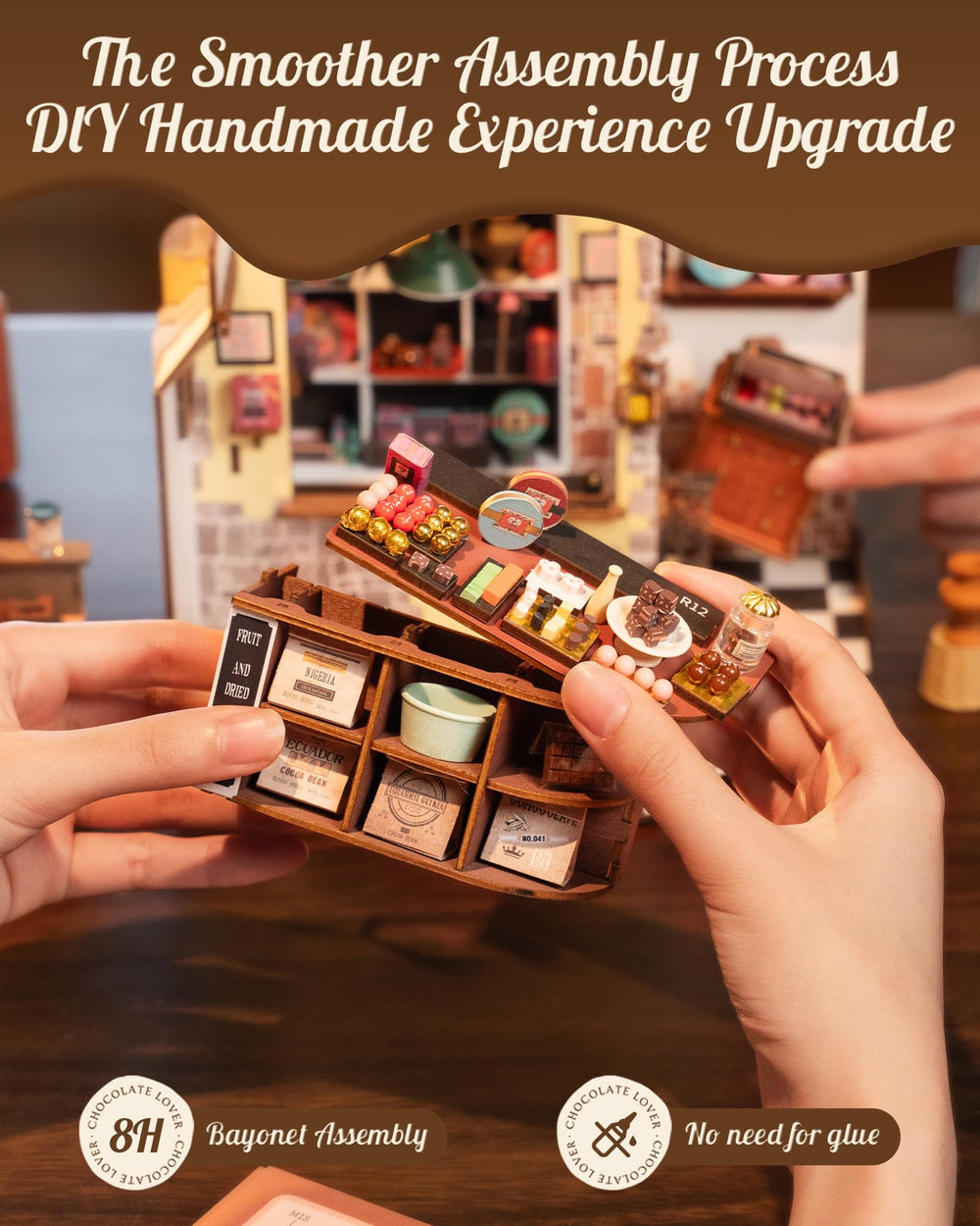 Rolife Henrys Chocolate Shop patrons miniatures boost scene realism.
