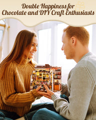 Rolife Henrys Chocolate Shop shelves with tiny decor for charming vignettes.
