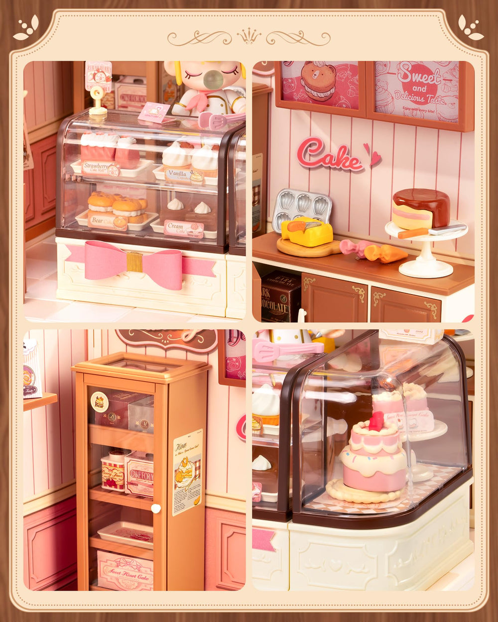 Rolife Mini Figures display ready setup with compact furniture and desserts
