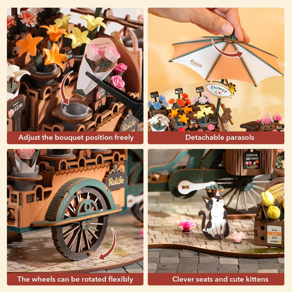 Rolife Miniature 3D Flower Cart 24-Spoke Wheels: functional wheels enhance realism