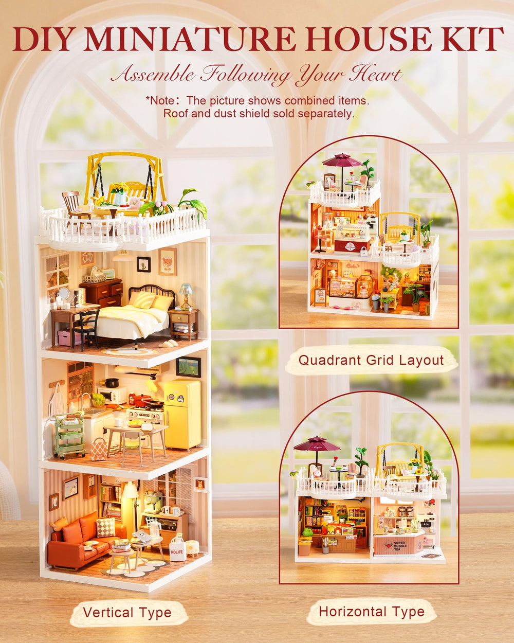 Rolife miniature flowers and tables enhance scene realism.
