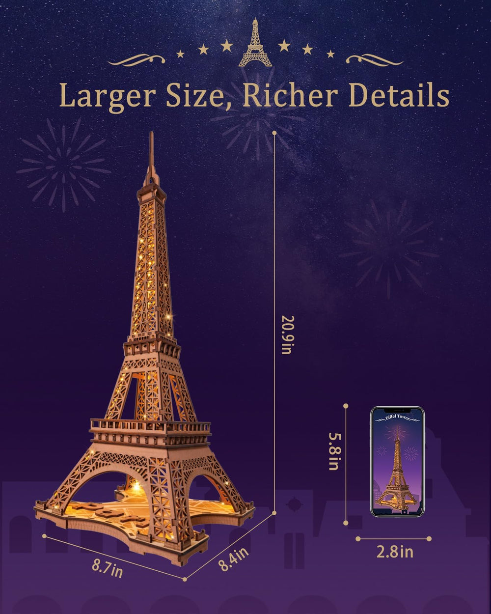 Rolife Paris architecture kit LED night light adds ambience to a desk or shelf.
