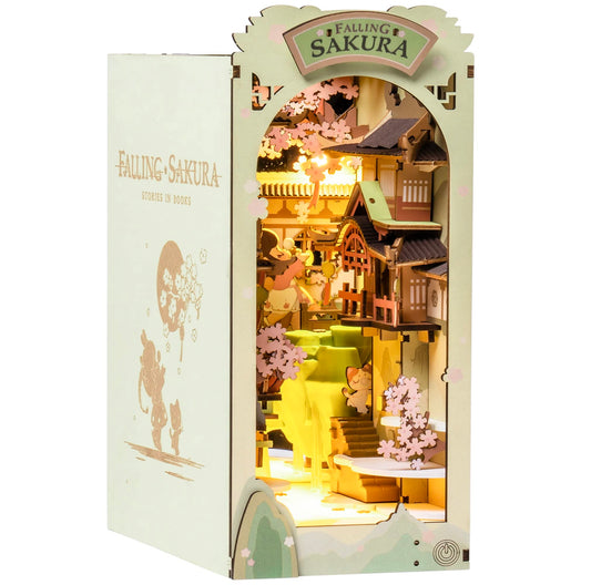 Rolife Sakura book nook assembly showcasing intricate wooden inserts for a calming DIY project.