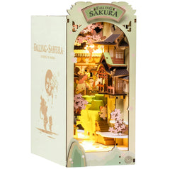 Rolife Sakura book nook assembly showcasing intricate wooden inserts for a calming DIY project.