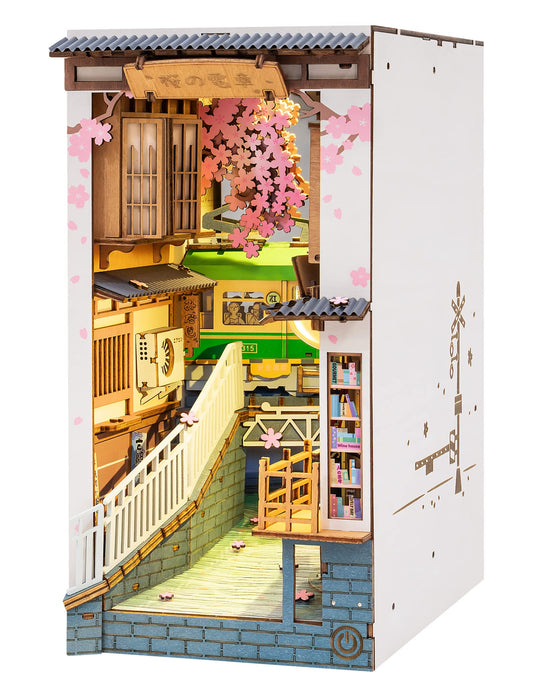 Rolife Sakura Densya book nook with cherry blossoms on a tram scene, ideal for shelf decor