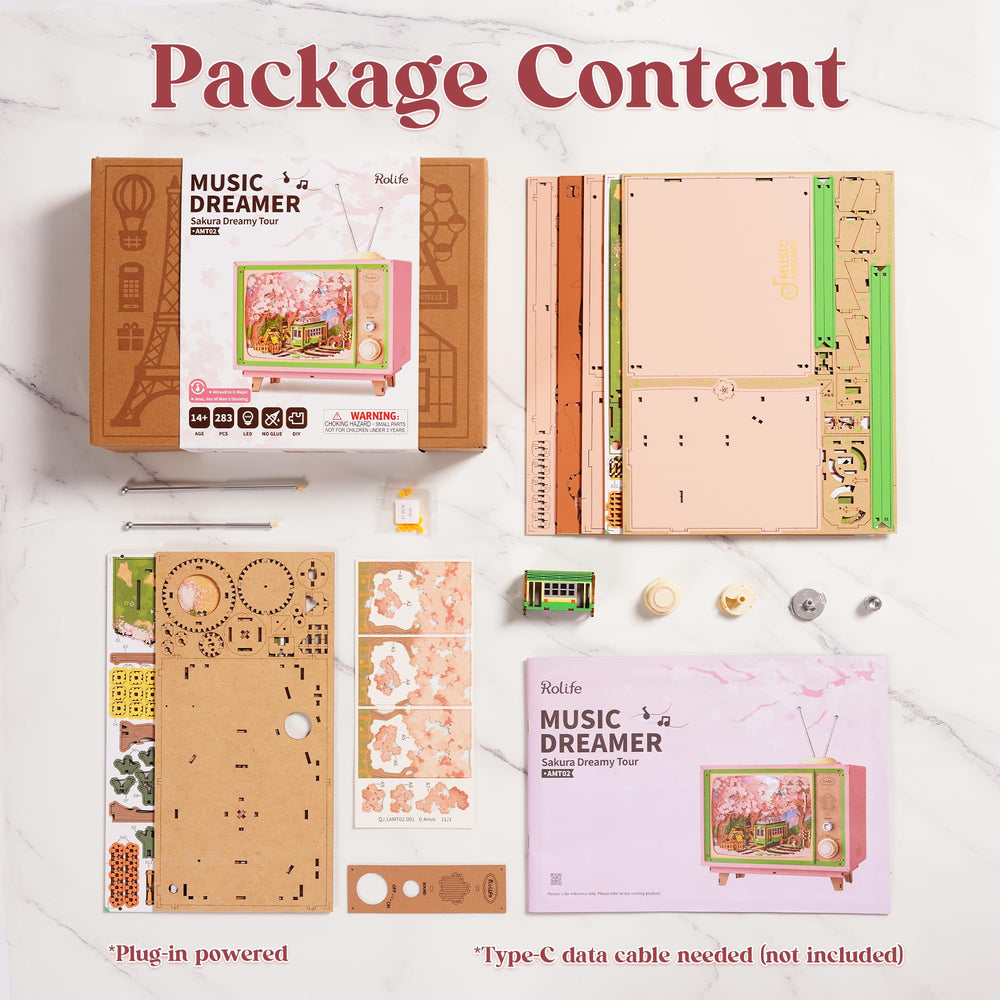 Rolife Sakura Dreamy Tour unassembled wooden pieces laid out for building
