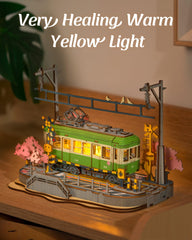 Rolife Sakura Journey Tram in progress, highlighting snap-fit assembly for adults.