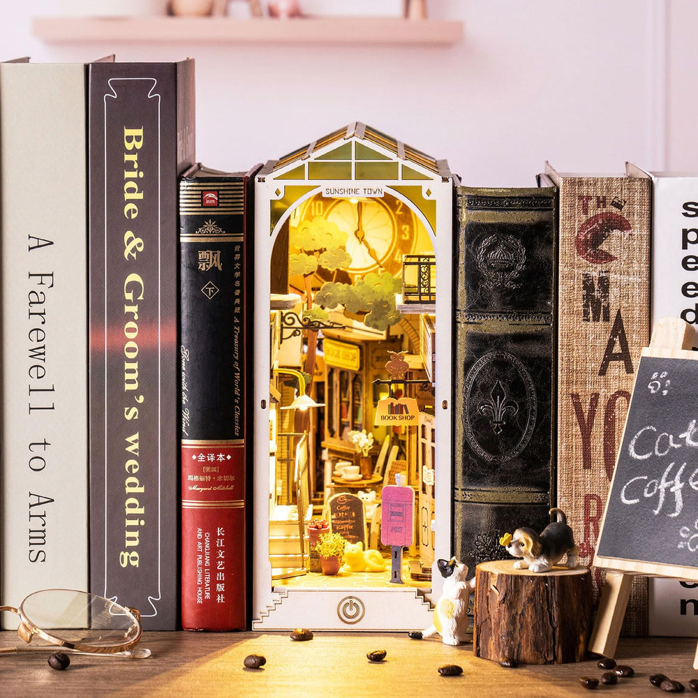 Rolife Sunshine Town book nook front view, charming bookshelf centerpiece.