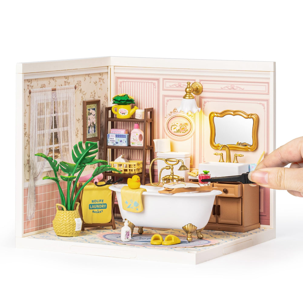 Rolife Super Creator bubble bathroom build session shows vibrant blocks and organized pieces.