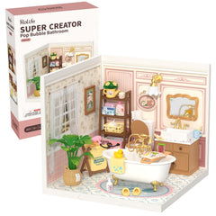 Rolife Super Creator bubble bathroom kit components laid out for an engaging build.