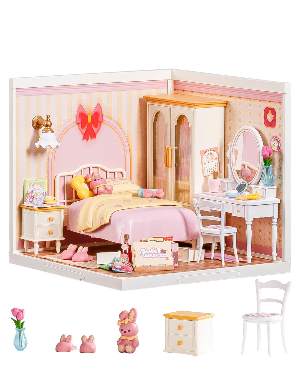 Rolife Super Creator Kits Pink Bedroom bed for tiny dolls, ideal for creative play.