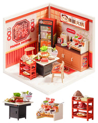 Rolife Super Creator panda hot pot dollhouse kit components for display-ready mini scenes