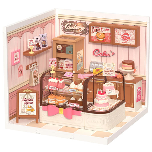 Rolife Super Creator Tasty Cake Shop front lit by LED for display