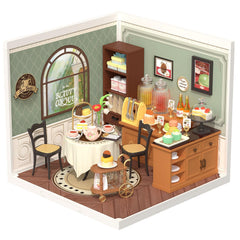 Rolife Sweet Sips Tea House diorama frame highlights compact display potential and collectability.