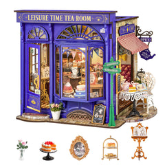 Rolife DIY miniature tea time nook shows intricate wood details for display