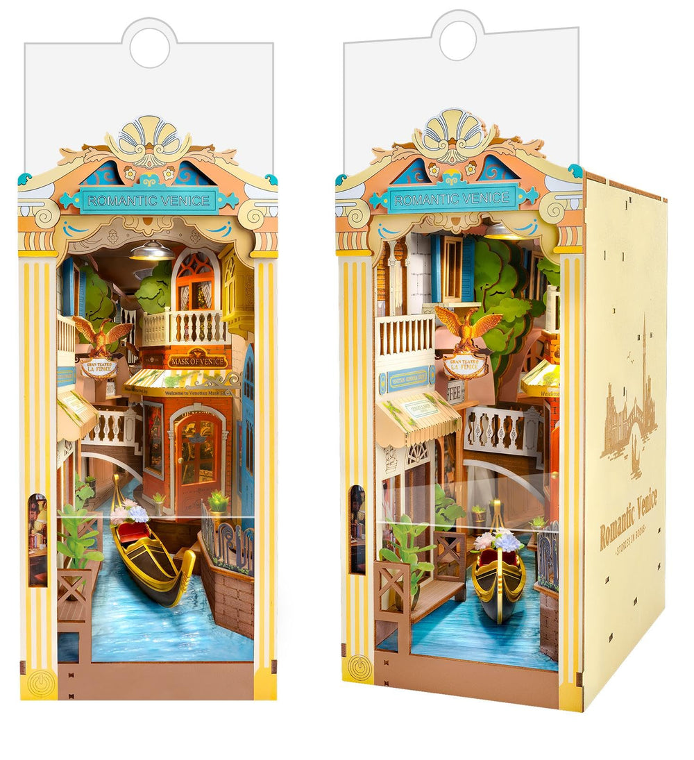 Rolife Venice booknook diorama assembly, ideal desk centerpiece for creative spaces.