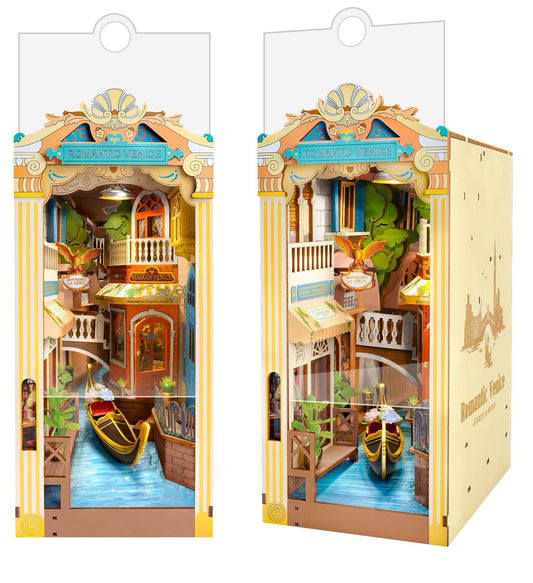 Rolife Venice booknook diorama assembly, ideal desk centerpiece for creative spaces.