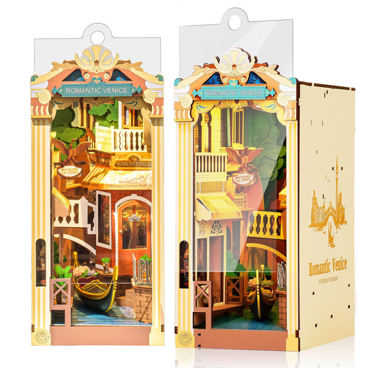 Rolife Venice booknook shelf scene shows canal view with gondolas for charming room ambiance.