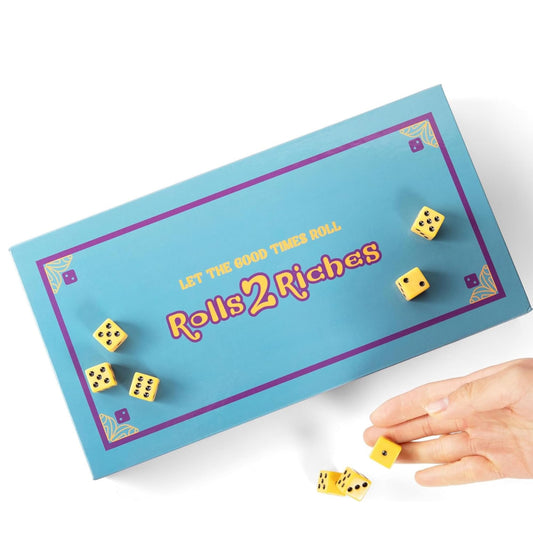 Rolls2Riches dice and cards setup promotes quick, engaging family rounds