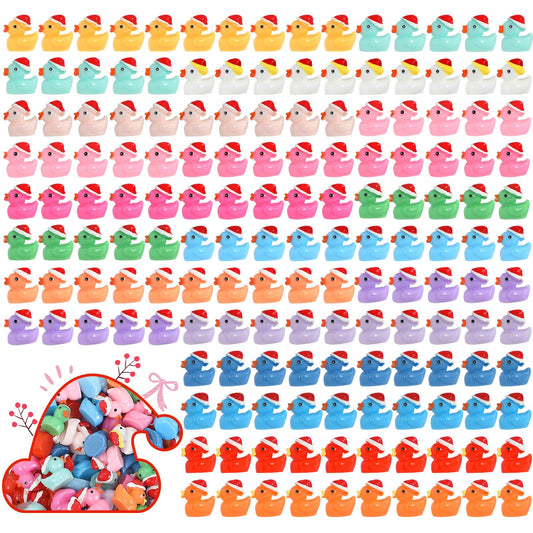 ROMROC 160pcs Christmas ducks pack shot showing colorful resin figures for festive DIY decor.