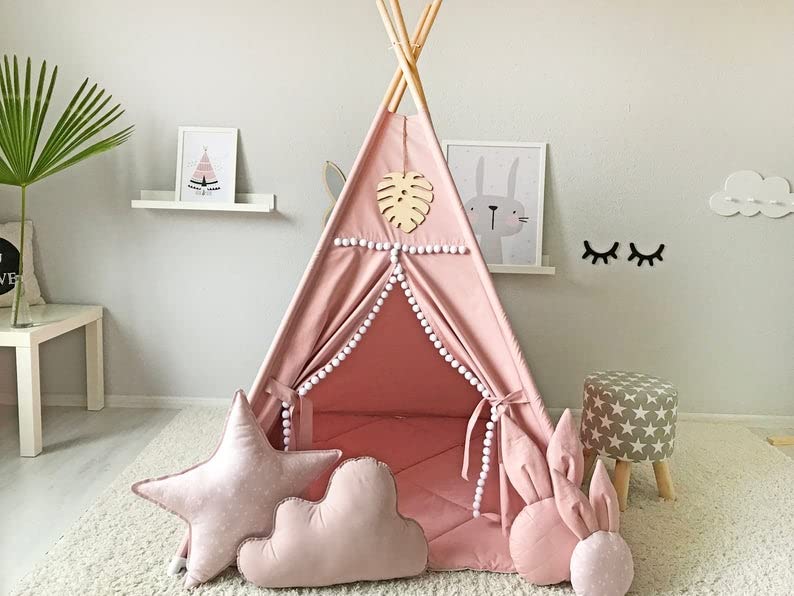 RONGFA Kids Teepee pink cotton canvas emphasizes safe materials and breathability