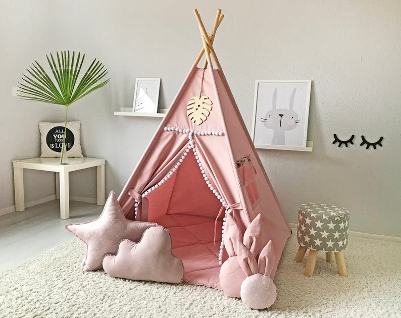 RONGFA Kids Teepee pink wooden poles form a sturdy frame for easy setup