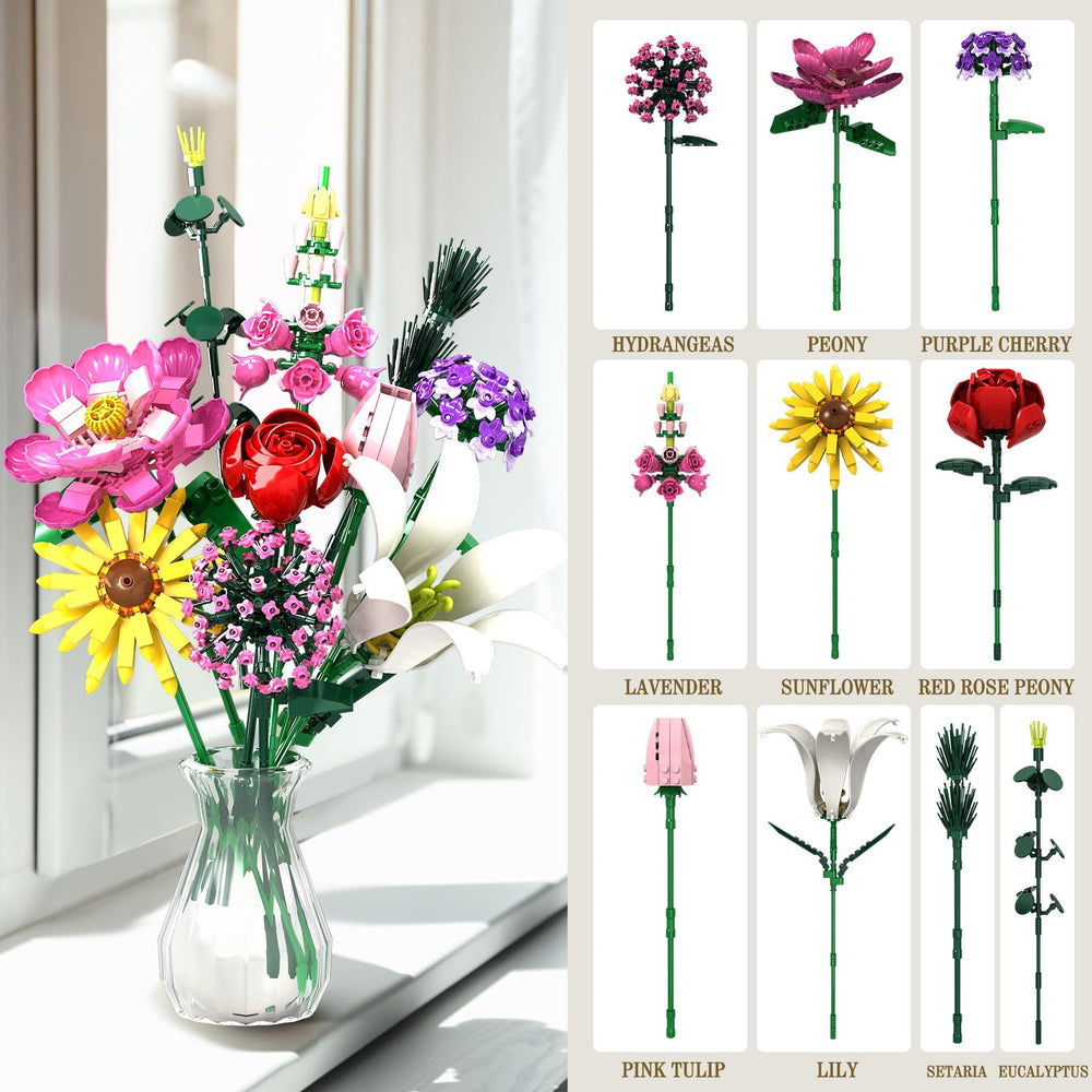 Rongmeiz Flower Building Kit sunflower detail brightens shelves and desks.