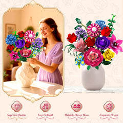 Rongmeiz Flower Bouquet Building Set – Lily and violet florals for textured color on shelves.