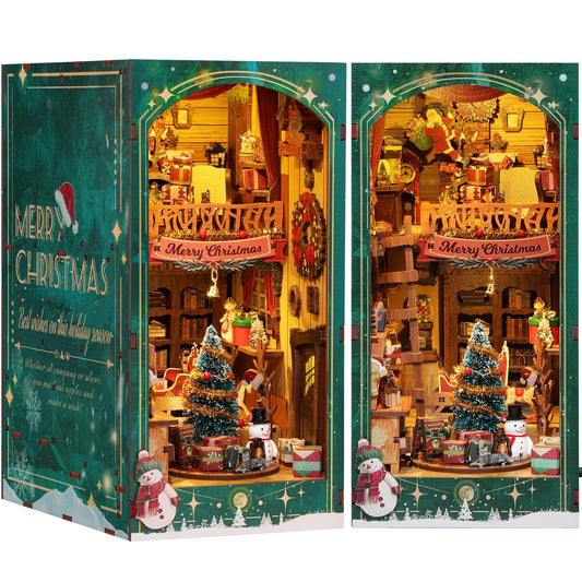 RONSTONE DIY Book Nook Kit showcases a Christmas cottage with LED glow for cozy bookshelf displays.