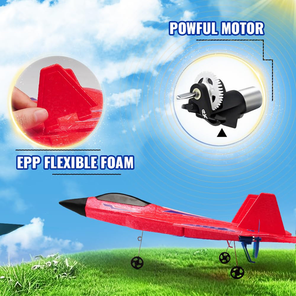 RoofWorld red RC plane F-22 in flight demonstrates gyro stability and smooth cruising.