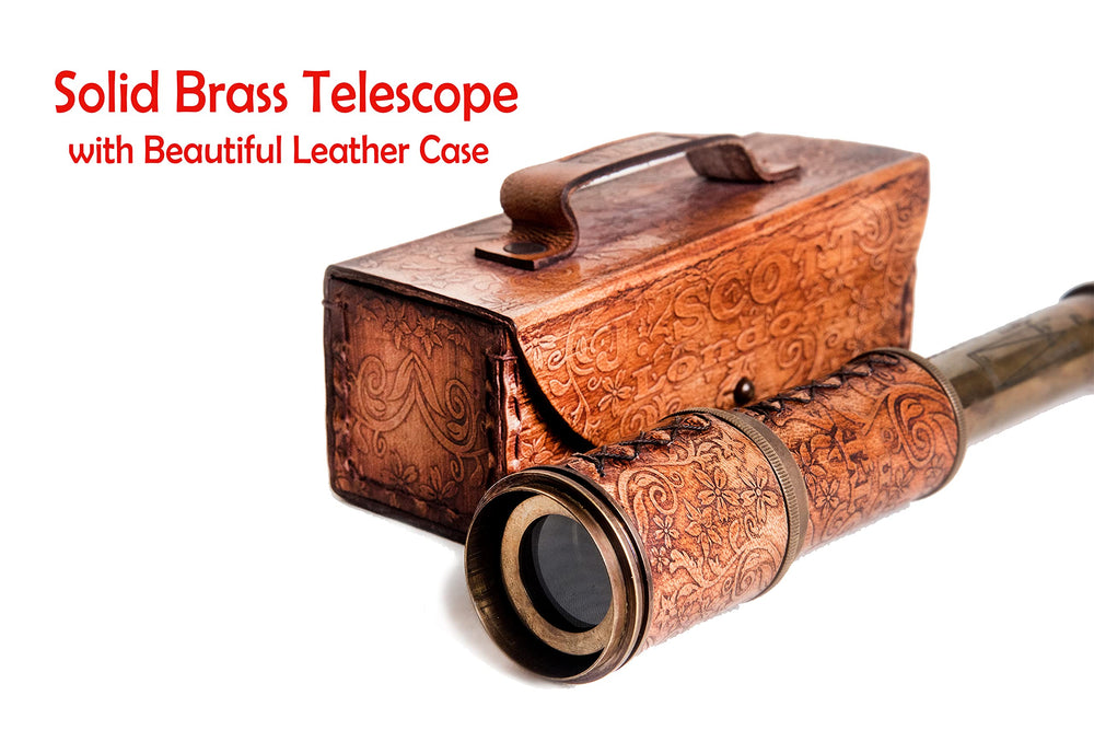 ROORKEE INSTRUMENTS brass telescope closeup shows detailed engraving and patina.