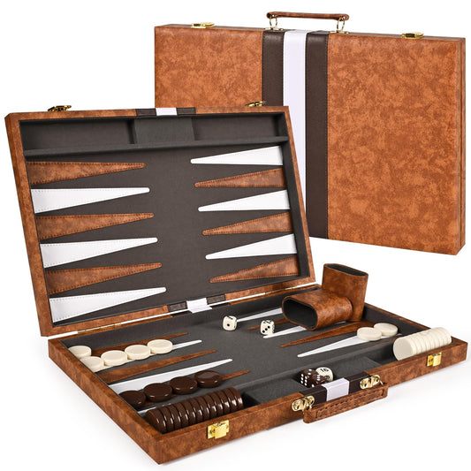 Ropoda backgammon board with closed premium leather case for travel.