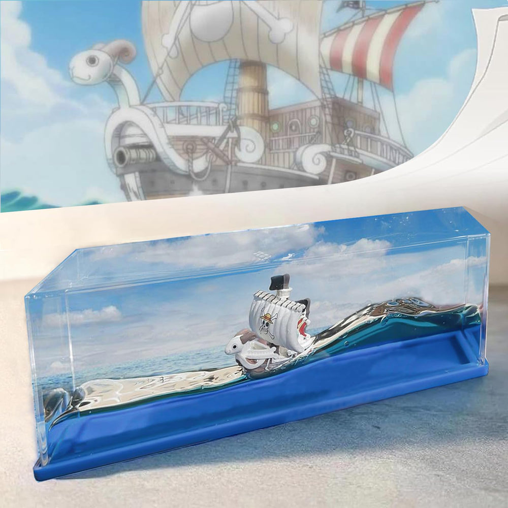 ROSSOM unsinkable Going Merry drift bottle on a desk, perfect desk decor and conversation starter.