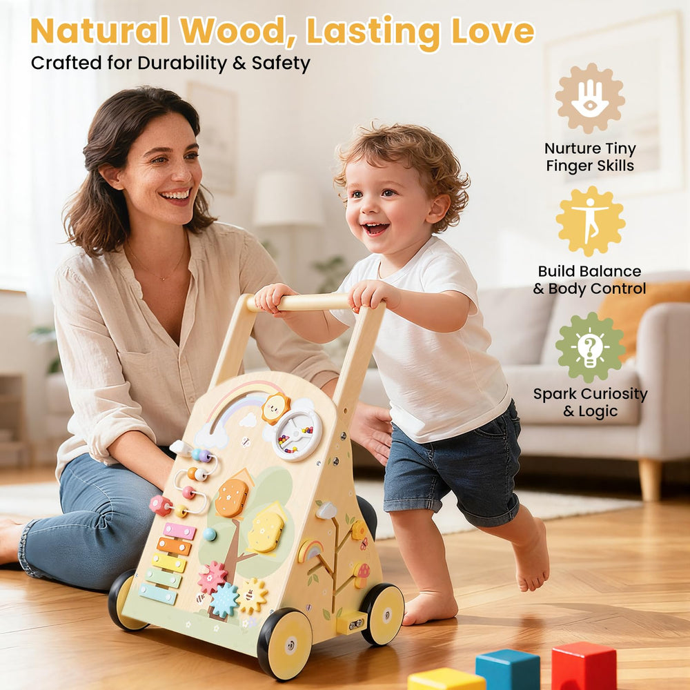 Rosynee wooden baby push walker side view shows height adjustability for growing toddlers.