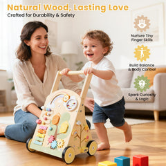 Rosynee wooden baby push walker side view shows height adjustability for growing toddlers.
